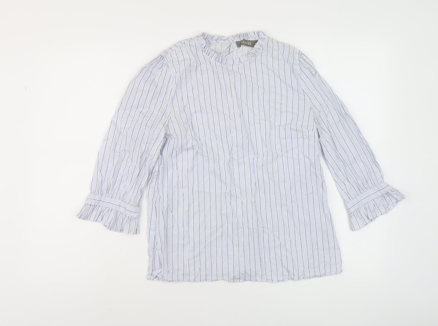 Oasis Womens Blue Striped Cotton Basic Blouse Size 10 Round Neck