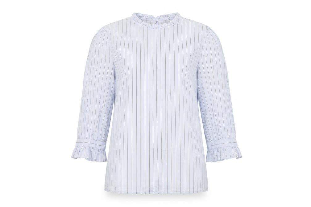 Front view of Oasis women’s blue striped cotton basic blouse, size UK 10, round neck