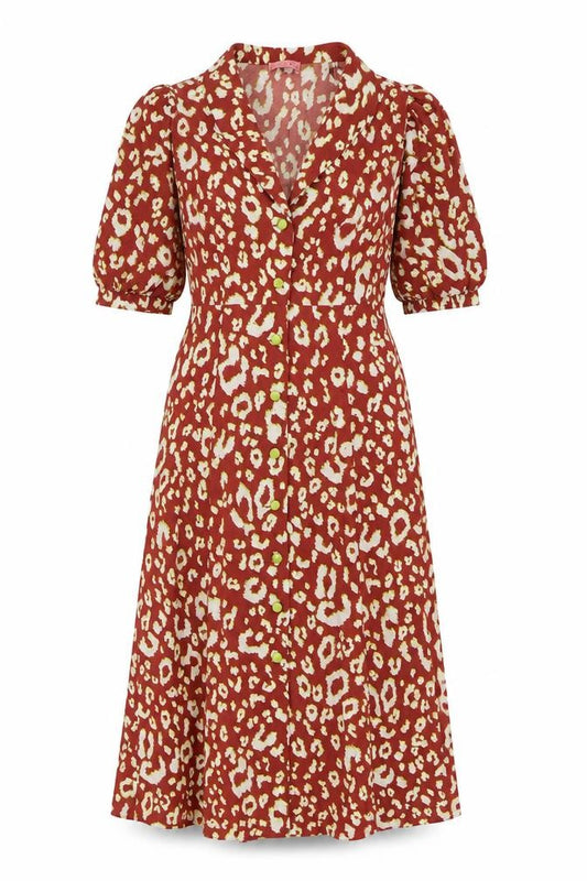 Front view of Kitiri women’s brown animal print polyester a-line, size UK 8, v-neck button