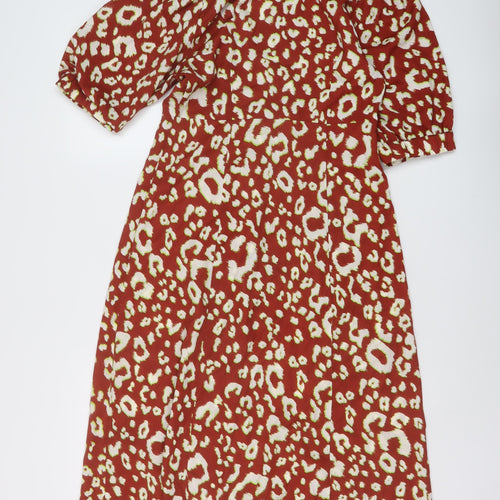 Kitiri Womens Brown Animal Print Polyester A-Line Size 8 V-Neck Button