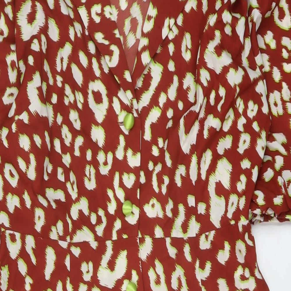 Kitiri Womens Brown Animal Print Polyester A-Line Size 8 V-Neck Button