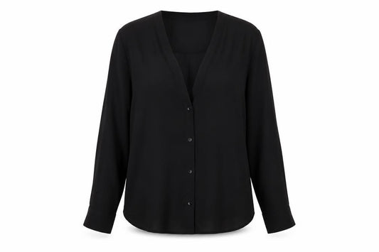Front view of ASOS women’s black polyester basic blouse, size UK 12, v-neck