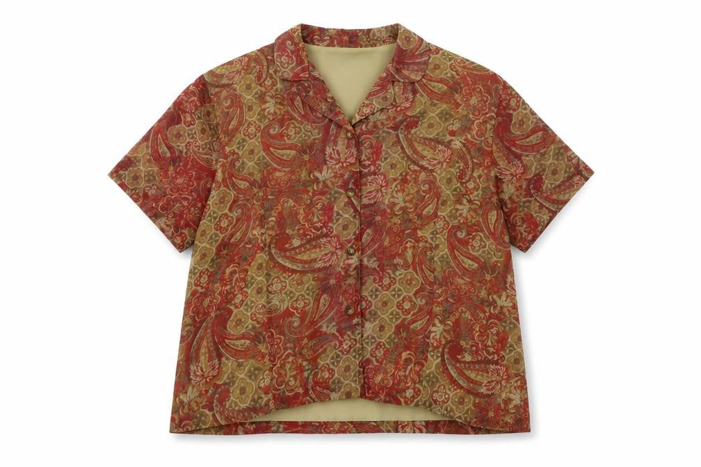 Front view of Orvis women’s red geometric polyester basic blouse, size UK 20, collared