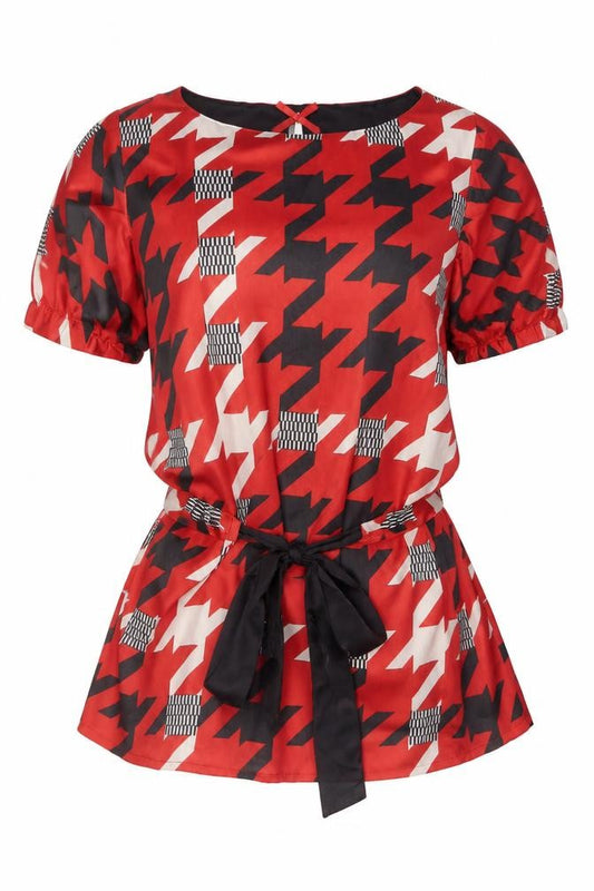 Front view of Next women’s red geometric polyester basic blouse, size UK 14, round neck