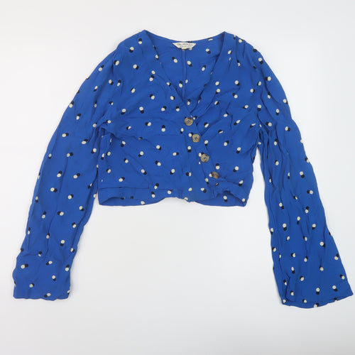 Miss Selfridge Womens Blue Polka Dot Viscose Cropped Blouse Size 10 V-Neck