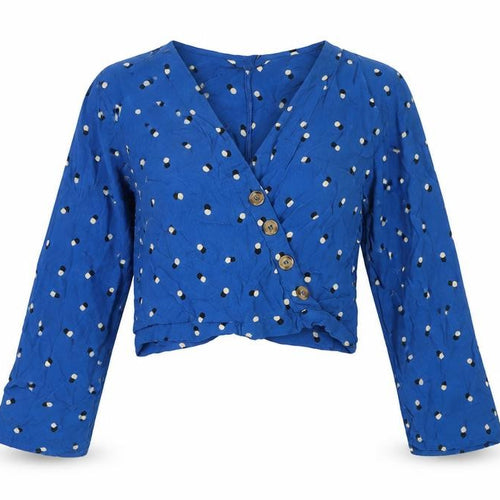 Miss Selfridge Womens Blue Polka Dot Viscose Cropped Blouse Size 10 V-Neck