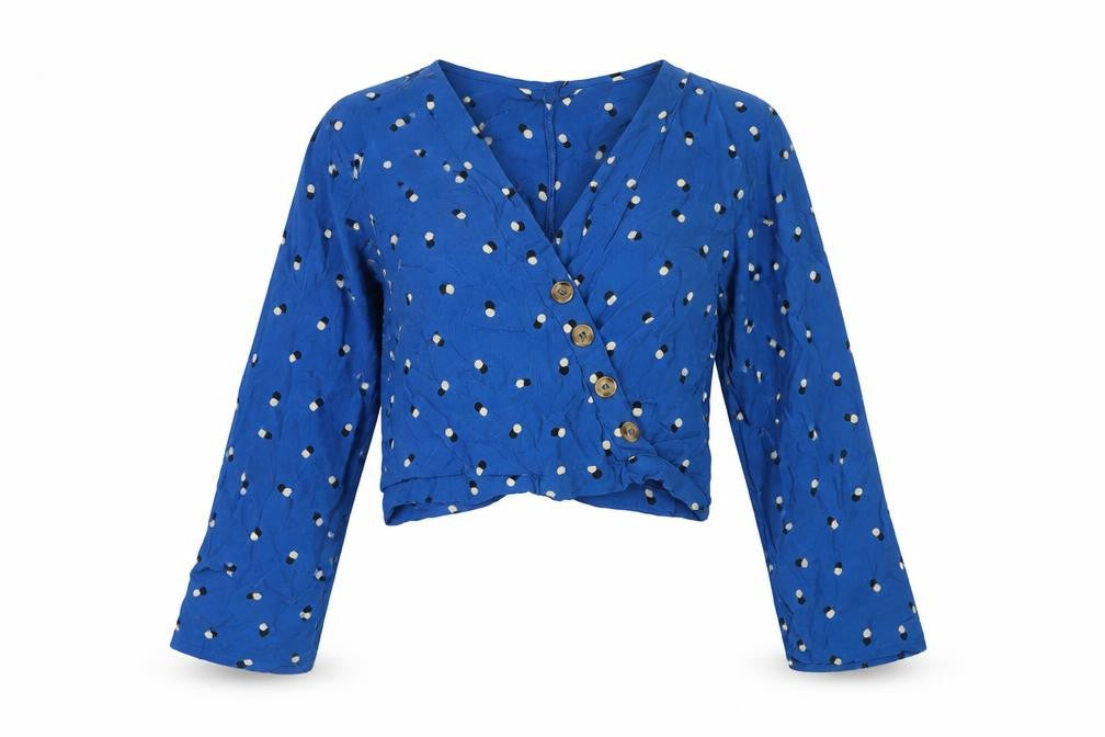 Miss Selfridge Womens Blue Polka Dot Viscose Cropped Blouse Size 10 V-Neck