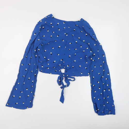 Miss Selfridge Womens Blue Polka Dot Viscose Cropped Blouse Size 10 V-Neck