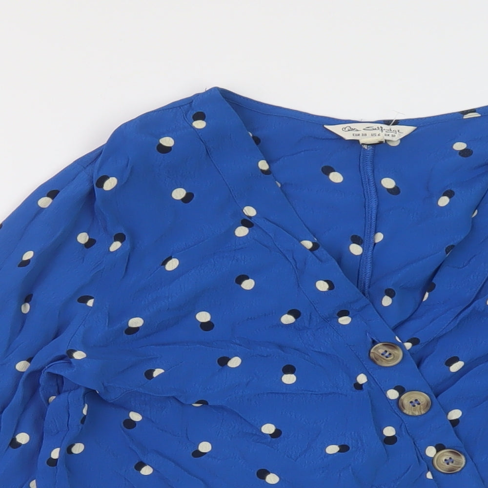 Miss Selfridge Womens Blue Polka Dot Viscose Cropped Blouse Size 10 V-Neck