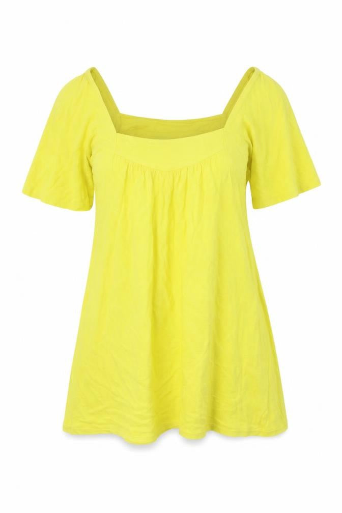 Front view of Monsoon women’s yellow viscose basic t-shirt, size UK 10, square neck