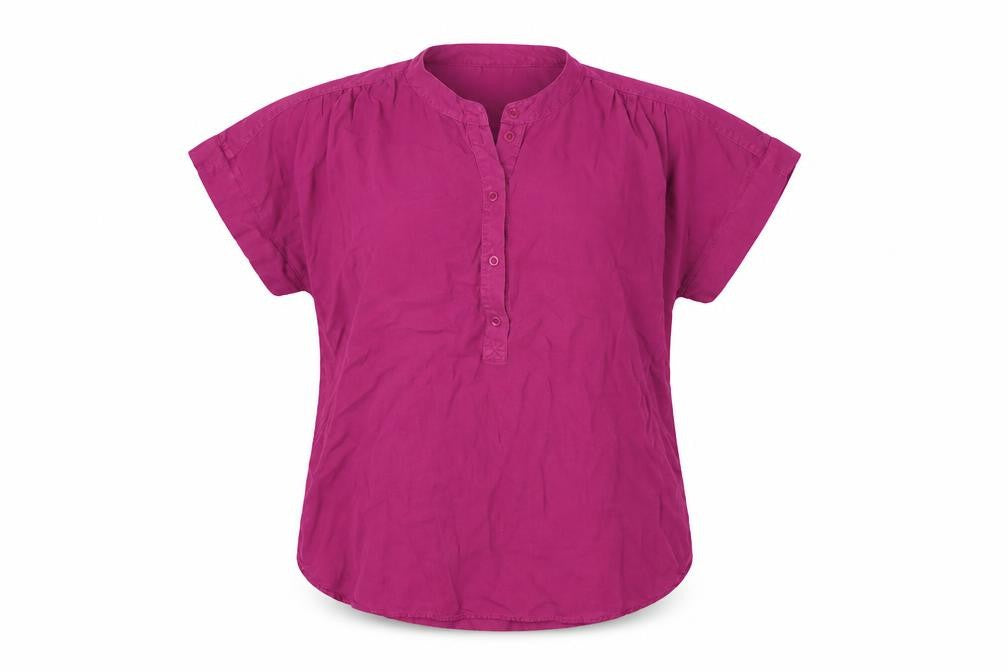 Front view of Celtic & Co women’s purple lyocell basic blouse, size UK 8, v-neck