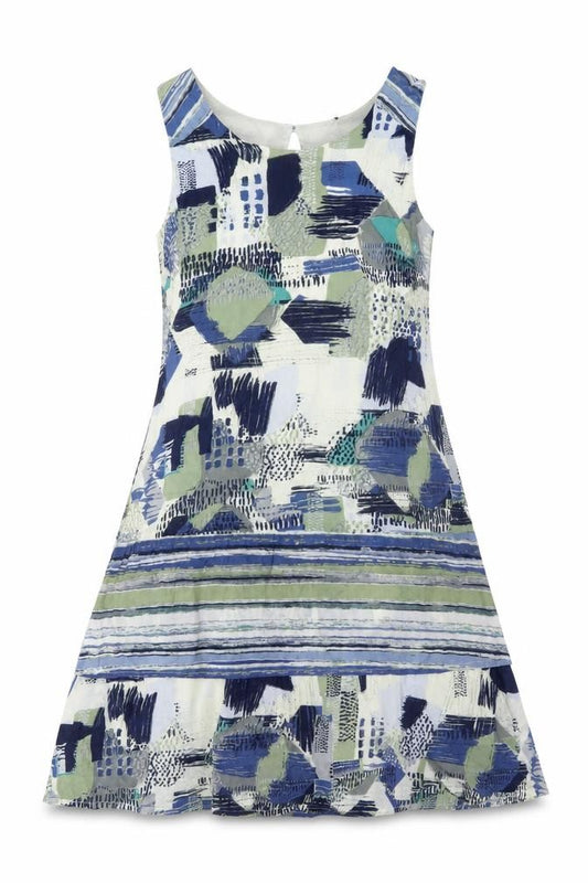 Front view of Nomads women’s multicoloured geometric cotton a-line, size UK 12, round neck button