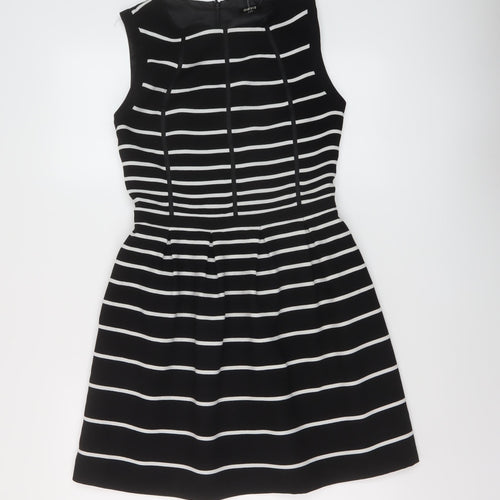 Oasis Womens Beige Striped Polyester A-Line Size 8 Round Neck Zip