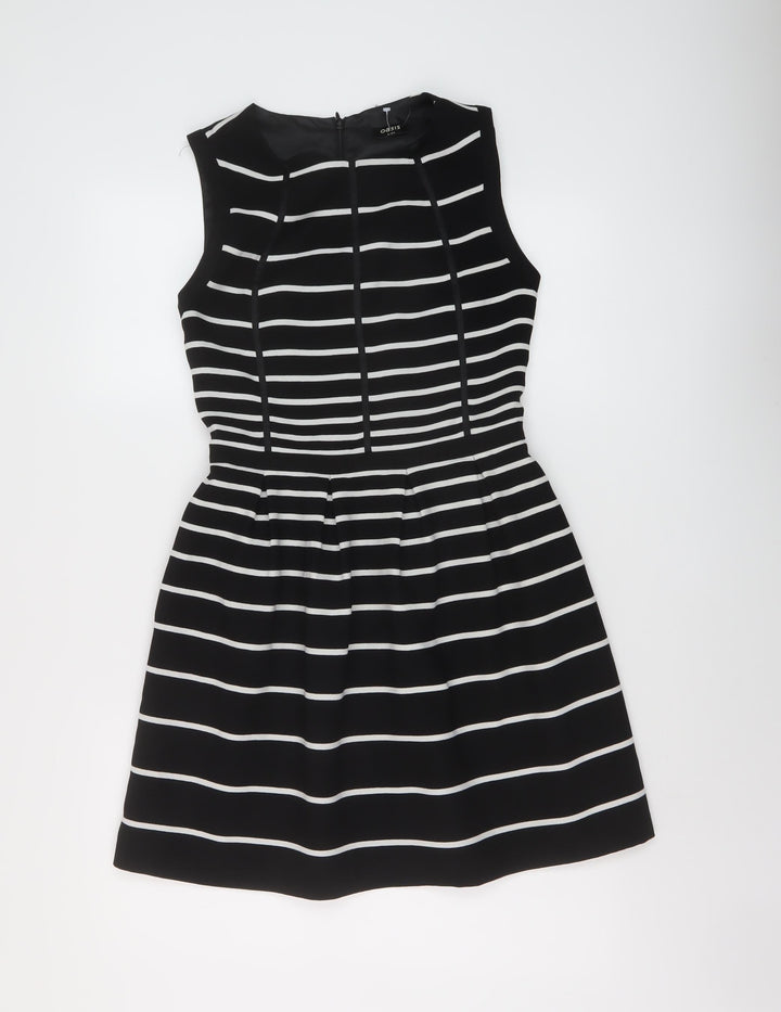 Oasis Womens Beige Striped Polyester A-Line Size 8 Round Neck Zip