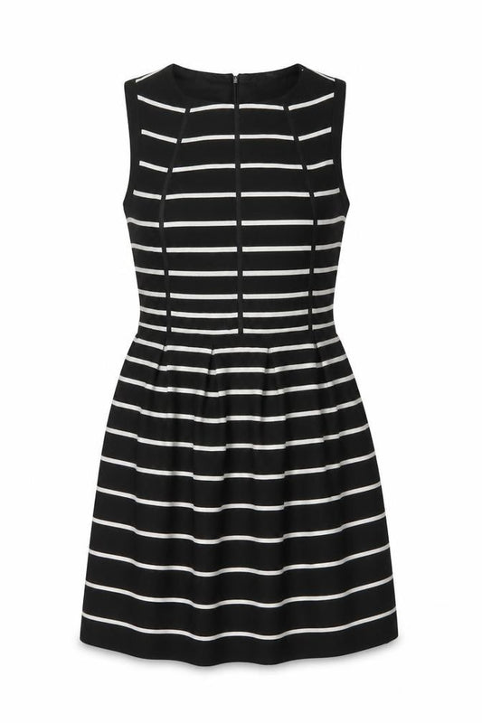 Front view of Oasis women’s beige striped polyester a-line, size UK 8, round neck zip