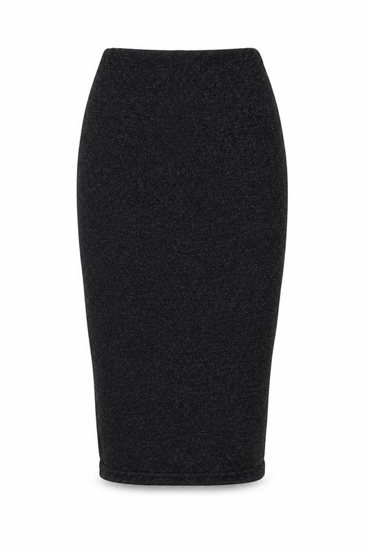 Front view of Ah Polly women’s black polyester bandage skirt, size UK 23, in