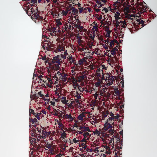 Marks and Spencer Womens Red Geometric Polyester Sheath Size 12 Round Neck Zip