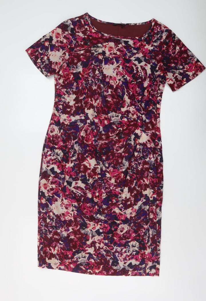 Marks and Spencer Womens Red Geometric Polyester Sheath Size 12 Round Neck Zip