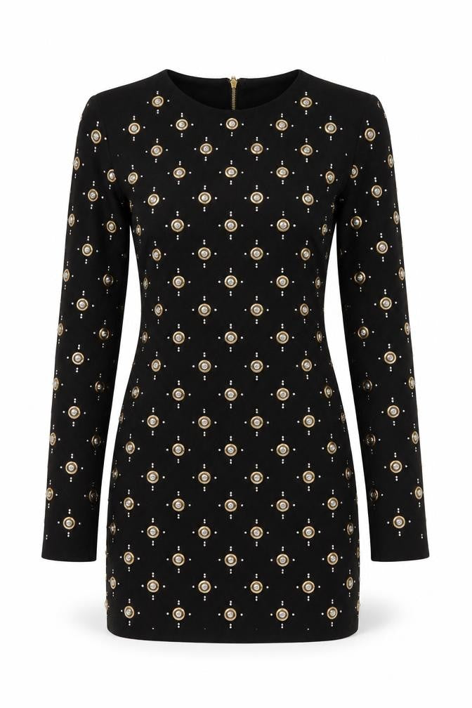 Front view of Ah Polly women’s black polyester bodycon, size UK 10, round neck zip