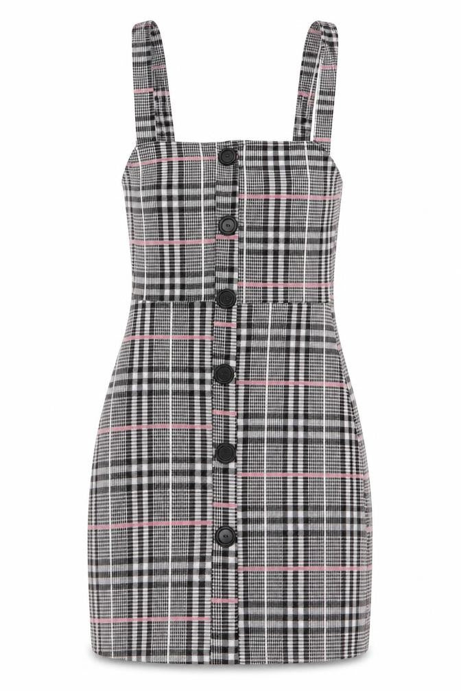 Front view of Edge Street women’s grey plaid polyester mini, size UK 10, square neck pullover