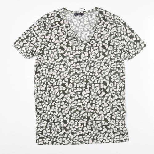 Marks and Spencer Womens Green Animal Print Polyester Basic T-Shirt Size 8 V-Neck - Leopard Print