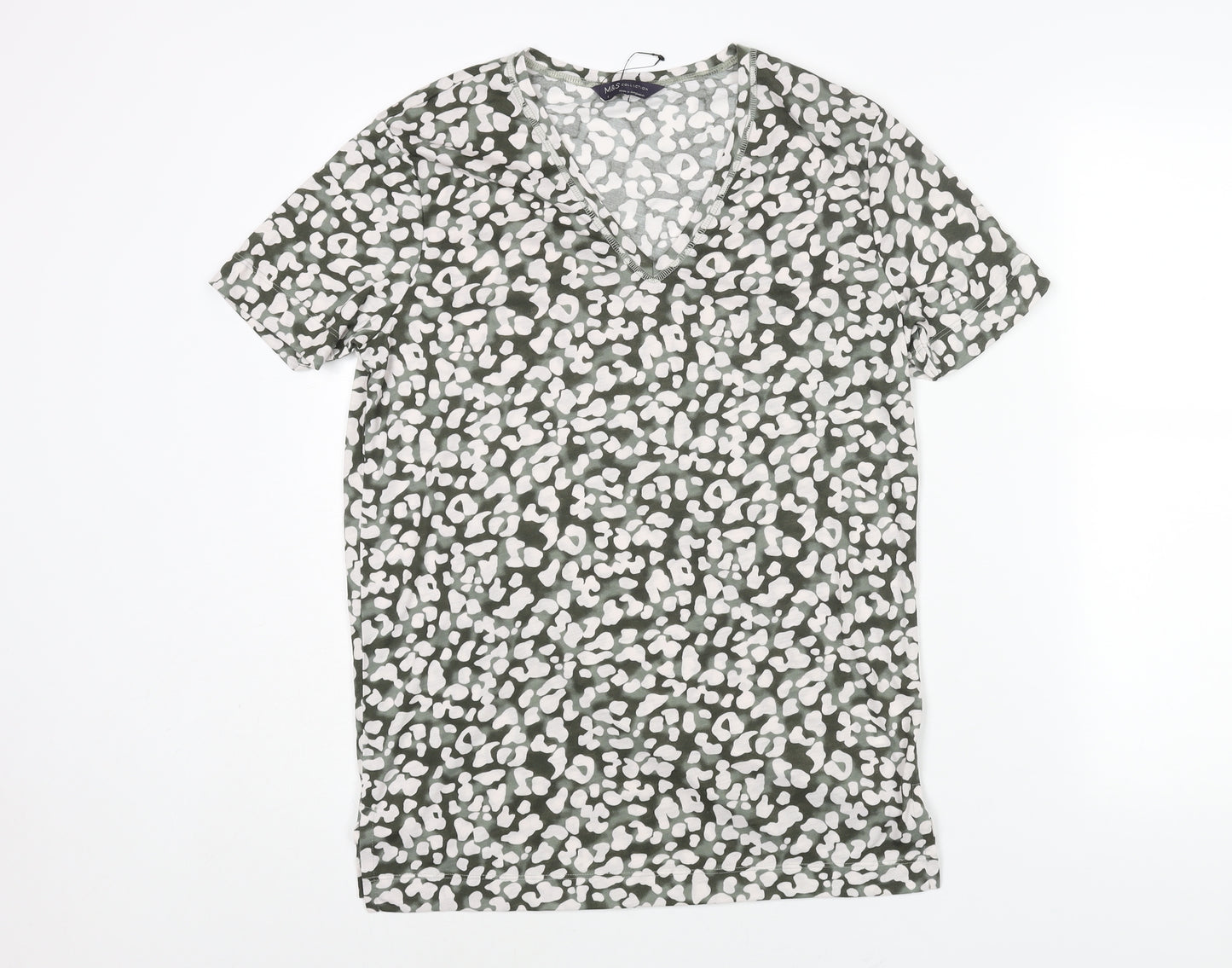 Marks and Spencer Womens Green Animal Print Polyester Basic T-Shirt Size 8 V-Neck - Leopard Print