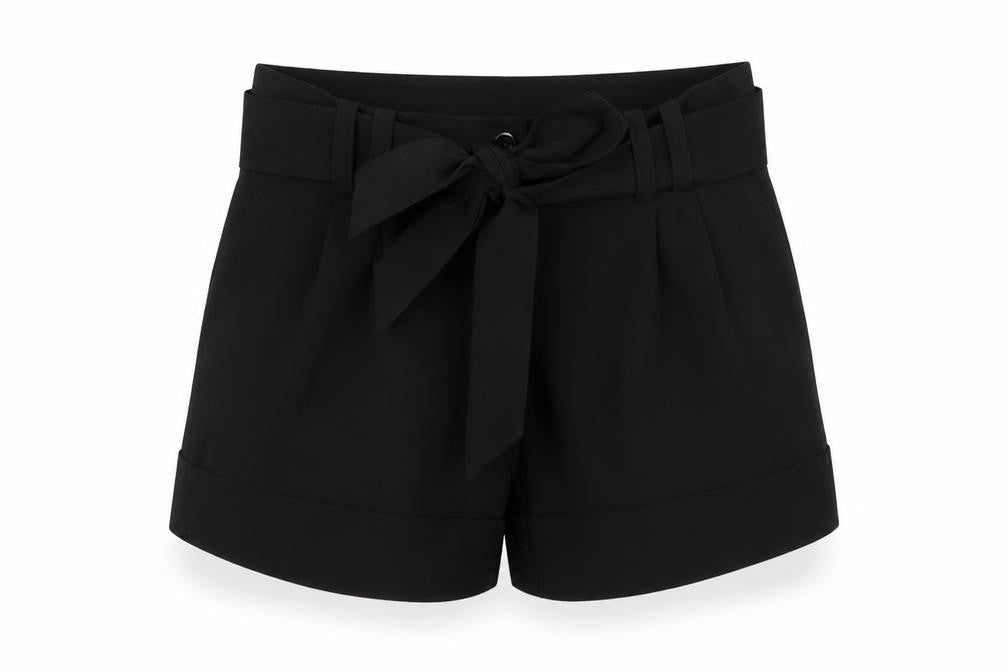 Front view of Warehouse women’s black polyester basic shorts, size UK 6, 4-inch leg regular zip - belted