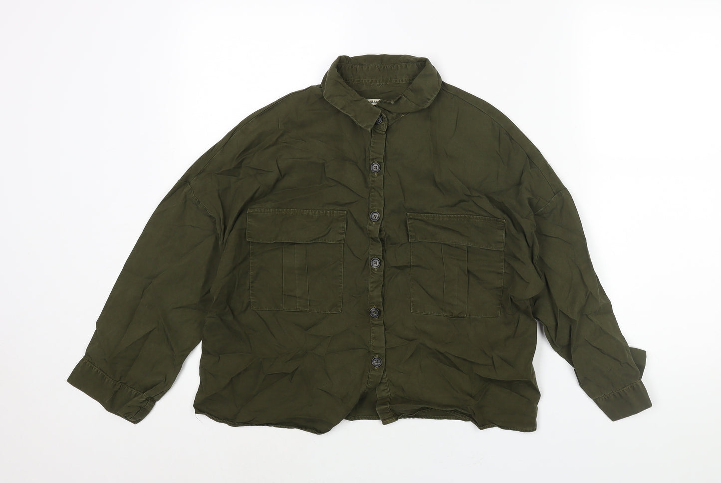 Pull&Bear Womens Green Lyocell Basic Button-Up Size S Collared