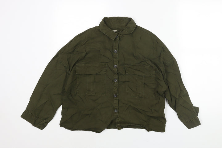 Pull&Bear Womens Green Lyocell Basic Button-Up Size S Collared