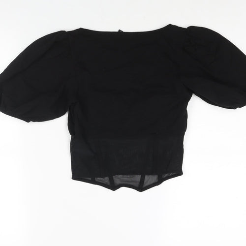 ASOS Womens Black Cotton Cropped Blouse Size 6 Square Neck - Mesh Corset Detail