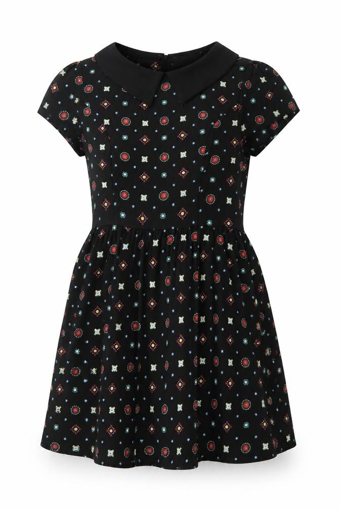 Front view of Cameo Rose women’s black geometric polyester a-line, size UK 10, collared zip