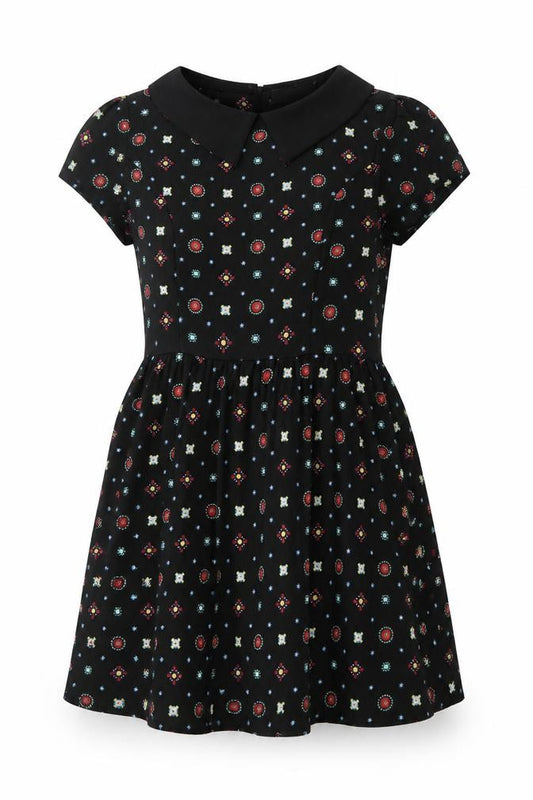 Front view of Cameo Rose women’s black geometric polyester a-line, size UK 10, collared zip