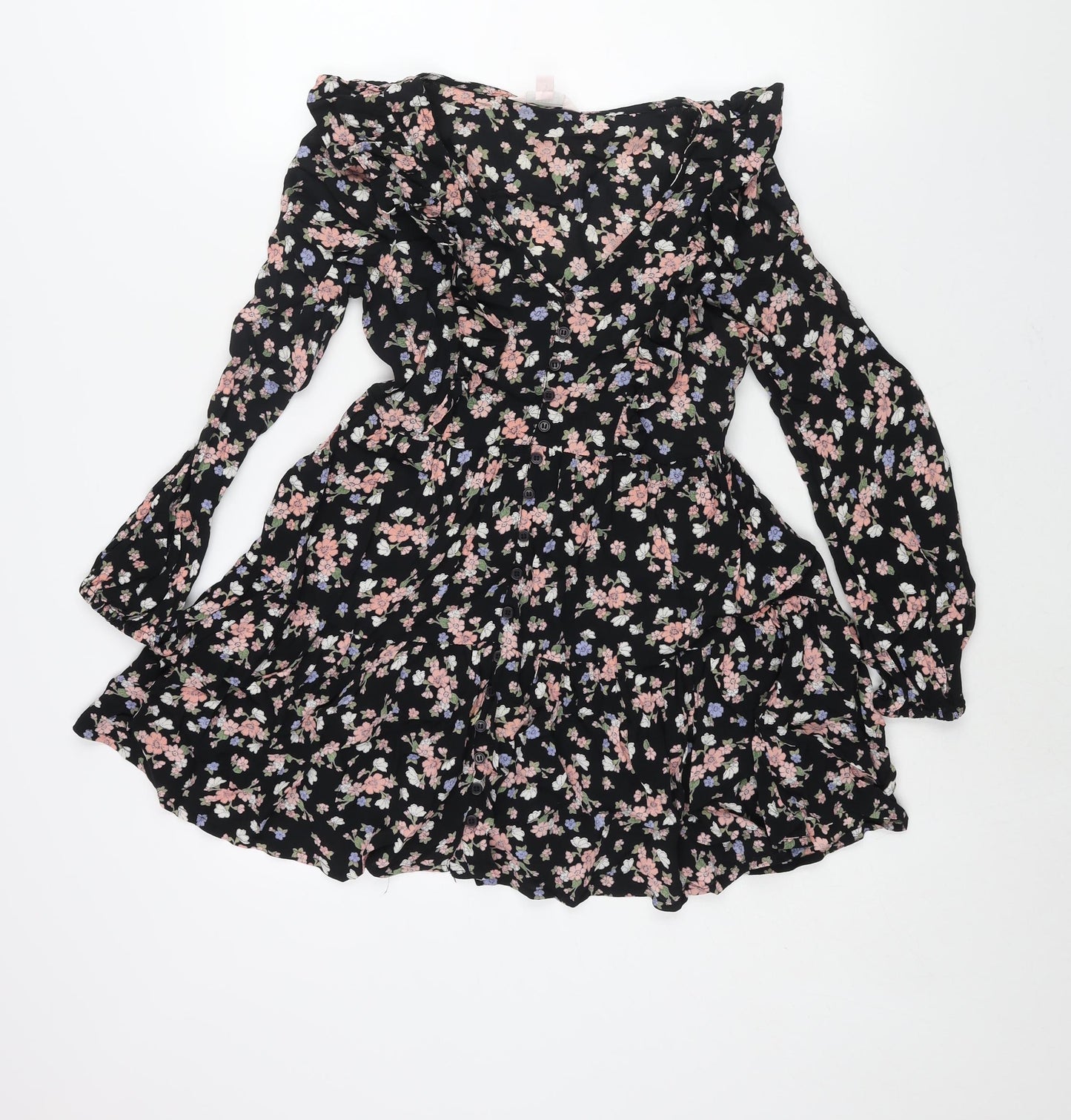 Miss Selfridge Womens Multicoloured Floral Viscose A-Line Size 6 V-Neck Button - Frill Belted