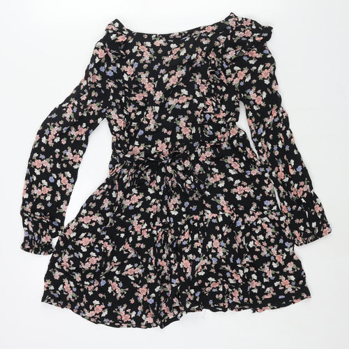 Miss Selfridge Womens Multicoloured Floral Viscose A-Line Size 6 V-Neck Button - Frill Belted