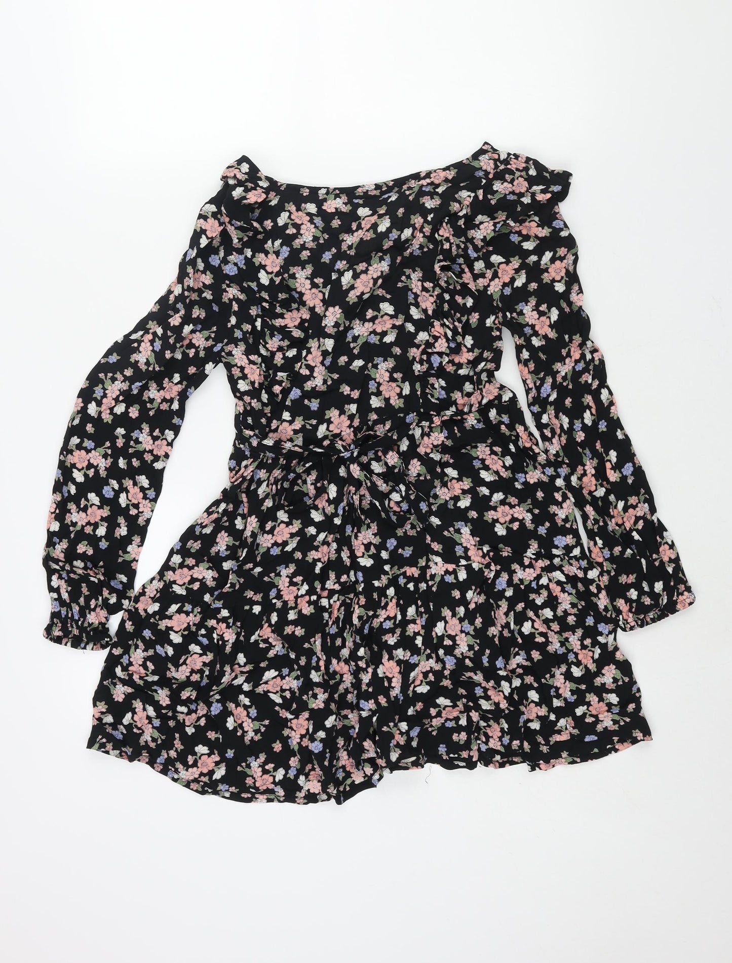 Miss Selfridge Womens Multicoloured Floral Viscose A-Line Size 6 V-Neck Button - Frill Belted