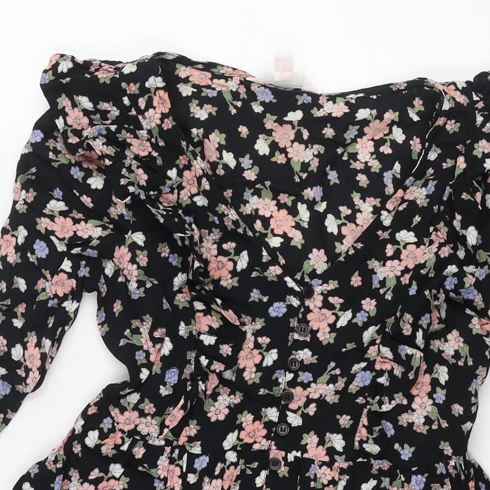 Miss Selfridge Womens Multicoloured Floral Viscose A-Line Size 6 V-Neck Button - Frill Belted