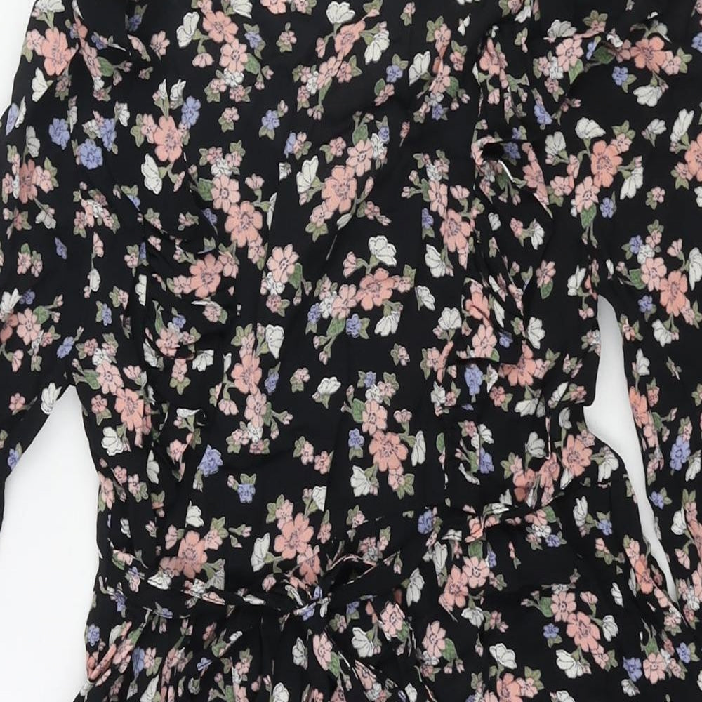 Miss Selfridge Womens Multicoloured Floral Viscose A-Line Size 6 V-Neck Button - Frill Belted