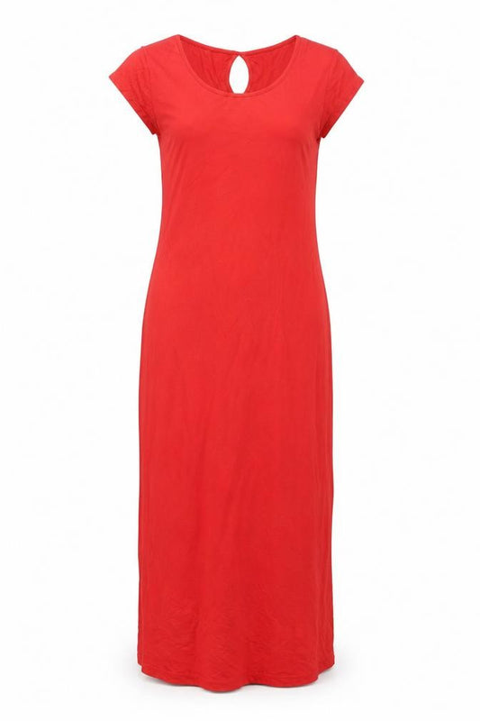Front view of Cover Story women’s red viscose maxi, size M, round neck button