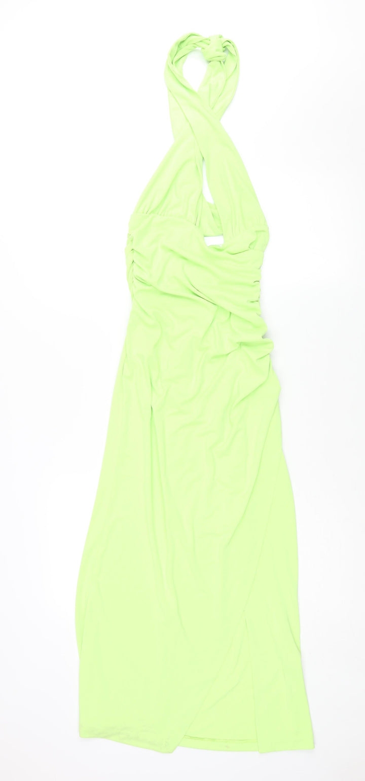 Zara Womens Green Polyester Maxi Size M Halter Tie - Rouched