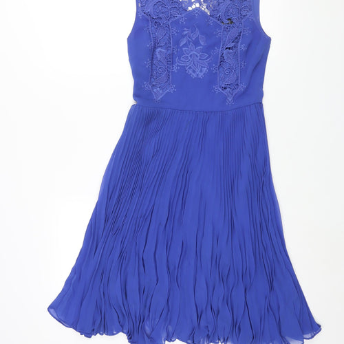 Oasis Womens Blue Polyester Sheath Size 8 Round Neck Zip - Lace Detail Pleated
