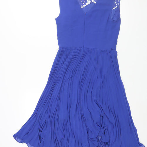 Oasis Womens Blue Polyester Sheath Size 8 Round Neck Zip - Lace Detail Pleated