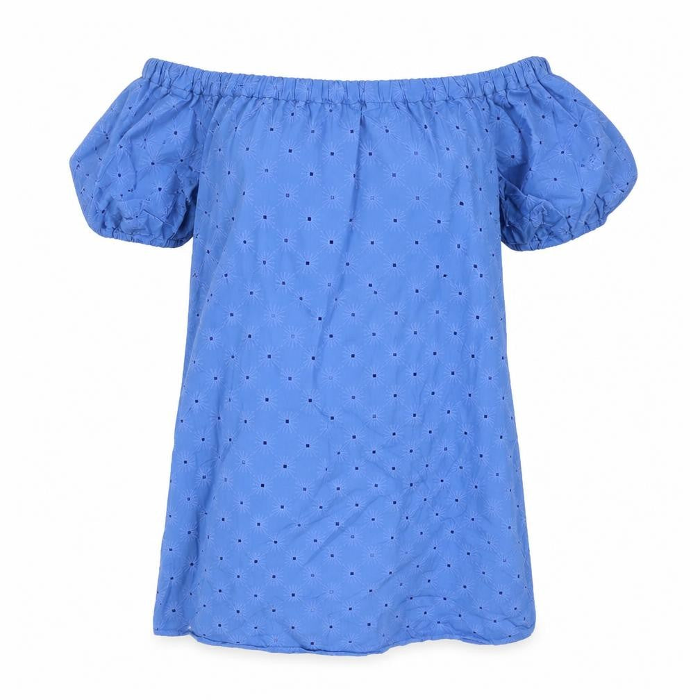 Front view of Zara women’s blue polyester mini, size M, boat neck pullover