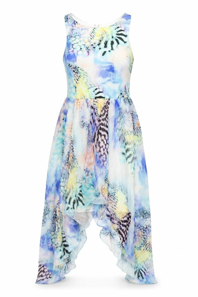 Front view of Forever New women’s multicoloured geometric polyester fit & flare, size UK 8, round neck zip