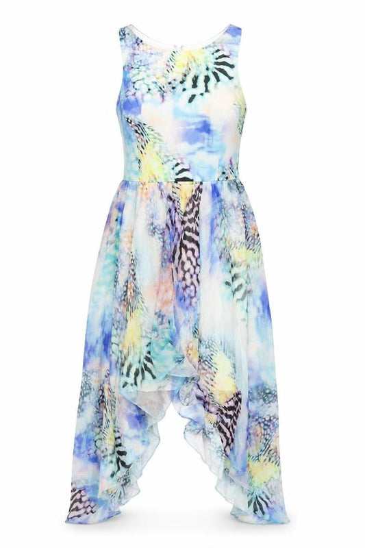Front view of Forever New women’s multicoloured geometric polyester fit & flare, size UK 8, round neck zip