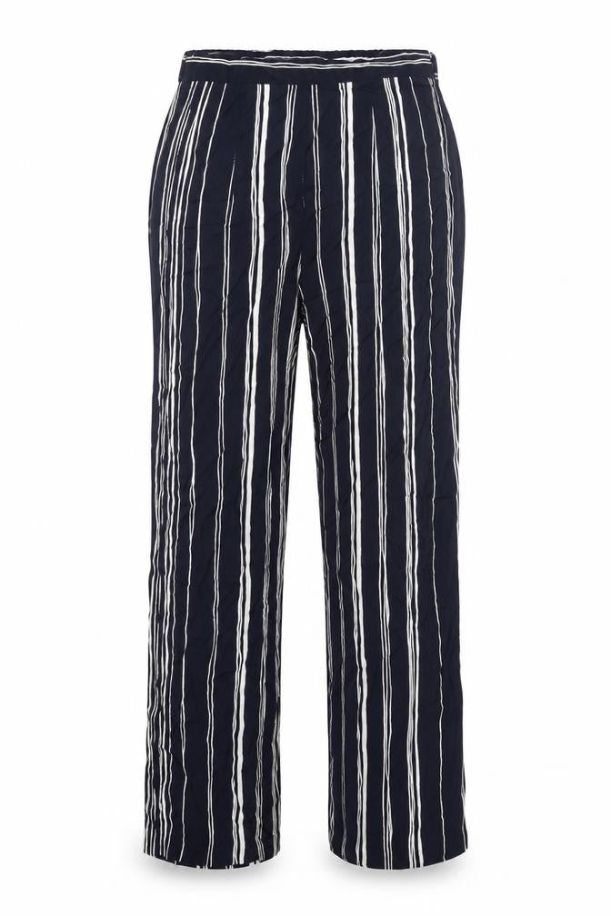 Front view of Lecomte women’s blue striped viscose trousers, size UK 8, 29-inch leg regular zip