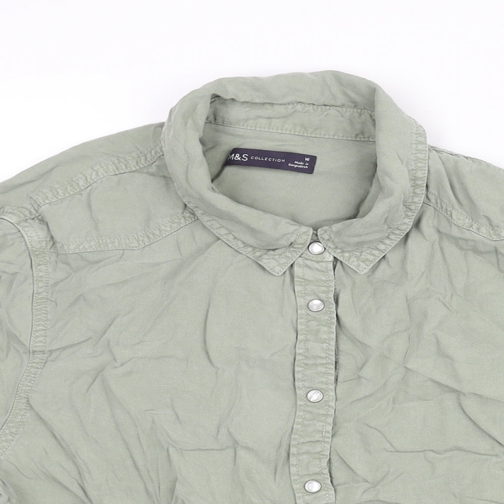 Marks and Spencer Womens Green Lyocell Basic Button-Up Size 16 Collared