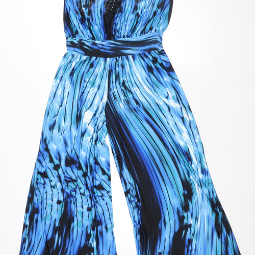 S-Twelve Womens Blue Geometric Polyester Jumpsuit One-Piece Size S L29 in Pullover - Rhinestone Detail