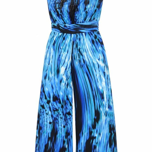 S-Twelve Womens Blue Geometric Polyester Jumpsuit One-Piece Size S L29 in Pullover - Rhinestone Detail