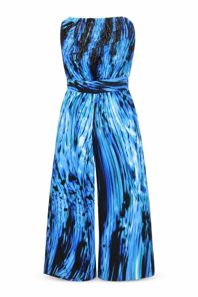 S-Twelve Womens Blue Geometric Polyester Jumpsuit One-Piece Size S L29 in Pullover - Rhinestone Detail