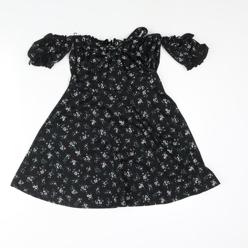 PRETTYLITTLETHING Womens Black Floral Polyester A-Line Size 10 Off the Shoulder Pullover - Bow